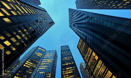 Wallpaper Mural Urban Skyscrapers Against a Twilight Sky with Illuminated Windows and a Unique Perspective from the Ground Level in a Vibrant Cityscape Torontodigital.ca