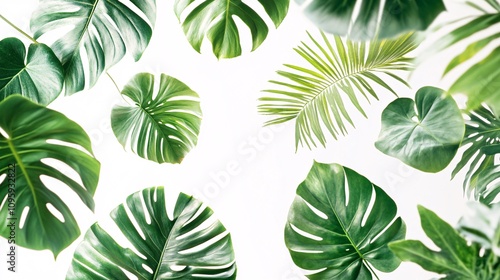 8.A detailed shot of various tropical green leaves floating gracefully in mid-air against a clean white background. The leaves, including palm fronds and monstera, appear to dance, creating a fresh,