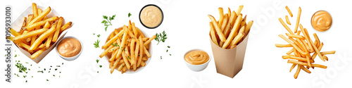 French fries with spreading sauce isolated on white background. mix collection png.
