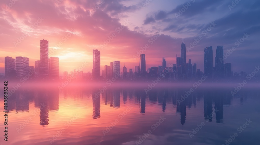 Fototapeta premium A Tranquil Futuristic Cityscape at Dawn