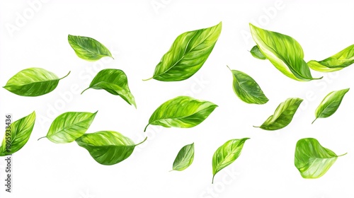7.Tropical green leaves flying in the air isolated on white background: