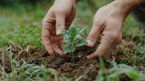 117.Hands holding a delicate plant seedling, gently placing it into rich, fertile soil, surrounded by green grass. The focus is on the act of planting, promoting growth, sustainability, and