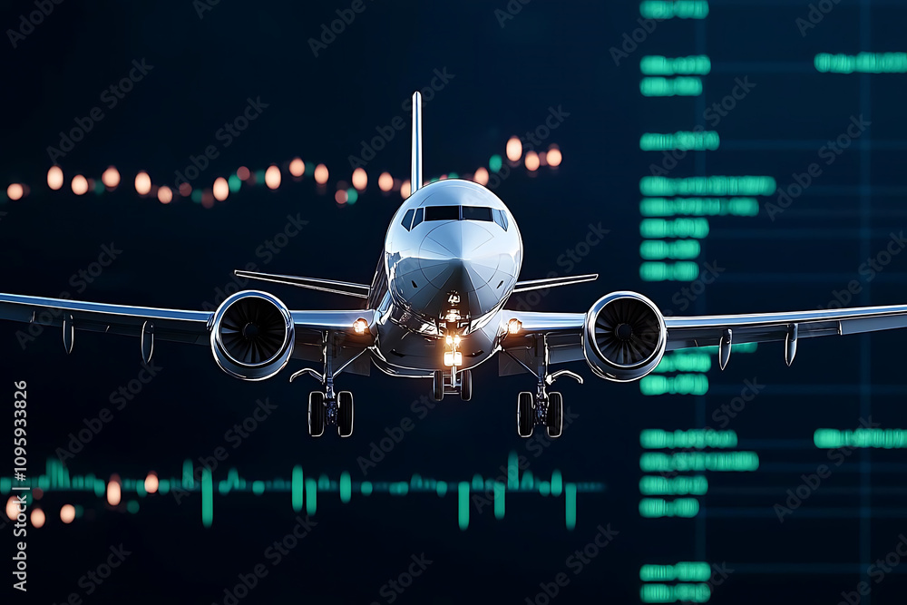 Fototapeta premium modern airplane flying towards viewer with digital graphs in background, symbolizing technology and aviation