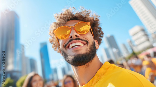 Happy Man in Yellow Shirt Orange Sunglasses City Background Young Adult Student Intern First Job Ambitious Career