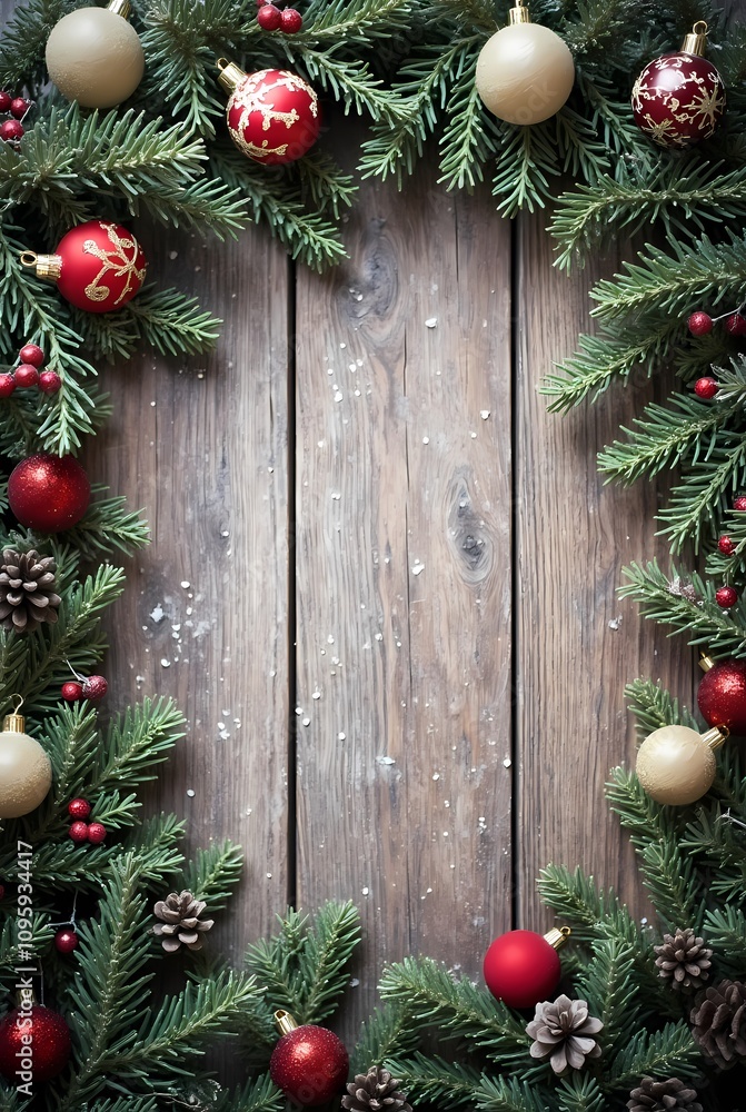 Background with Christmas tree branches, on wooden background Background with Christmas tree branches, on wooden background