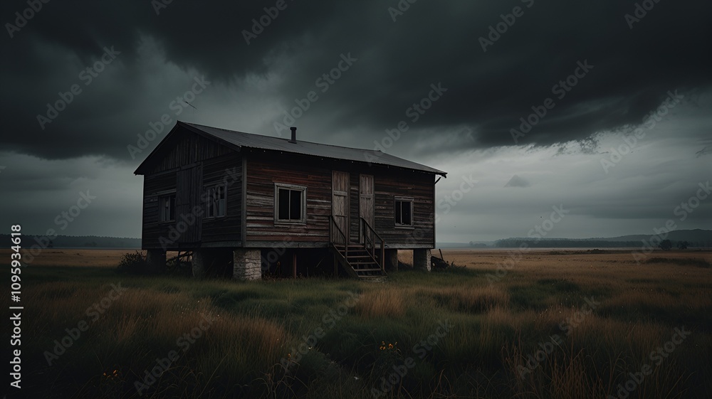 Solitary Weathered House in Field with Brooding Atmosphere Solitary Weathered House in Field with Brooding Atmosphere