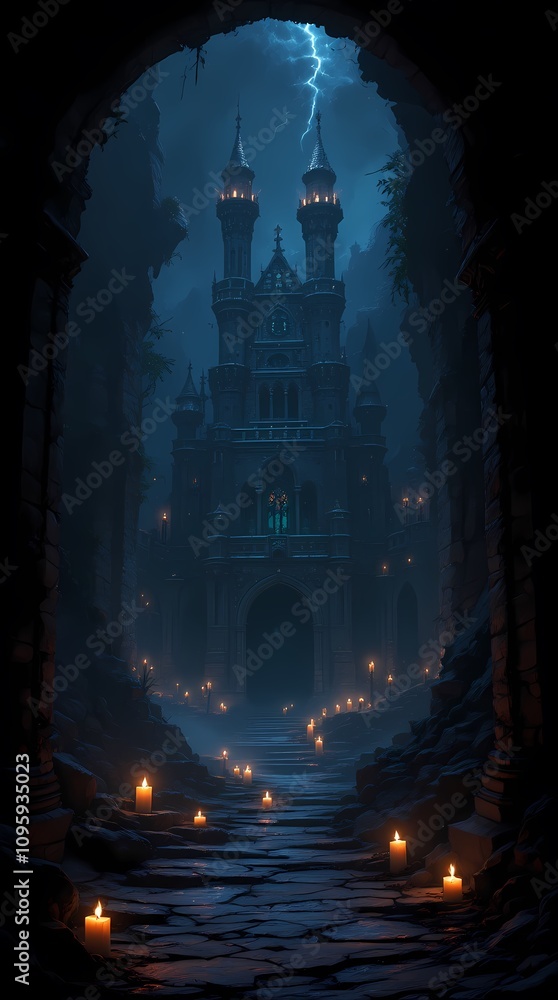 Castle dungeon, gothic setting with candles, dark and creepy background Castle dungeon, gothic setting with candles, dark and creepy background
