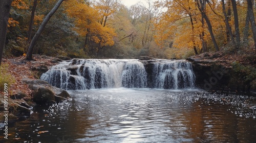 Serene autumn waterfall cascading over rocks into calm pool, surrounded by vibrant fall foliage.