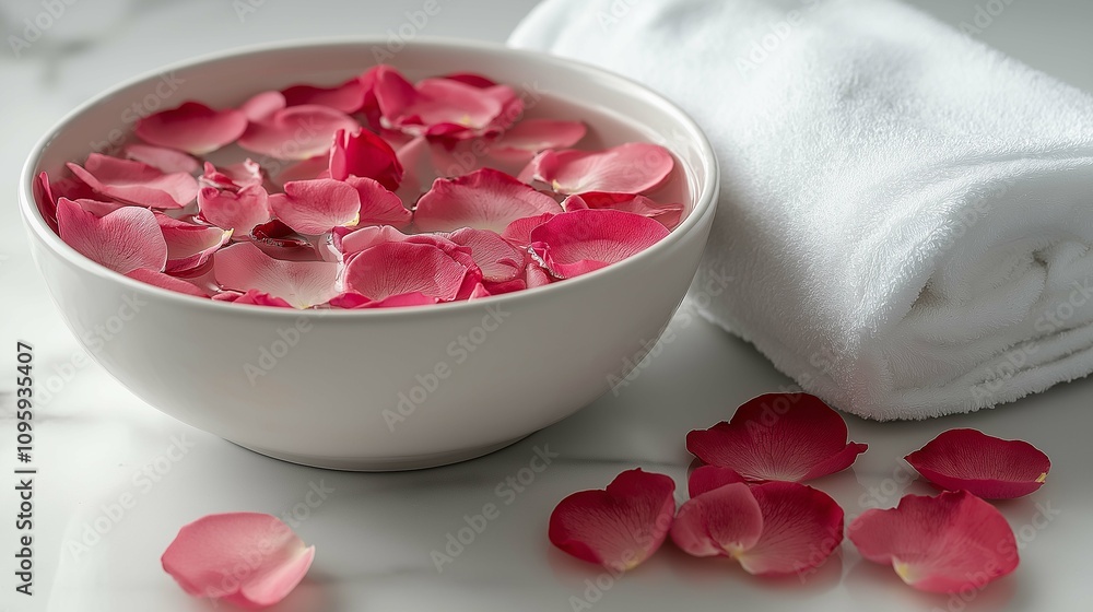 Relaxing Spa Experience with Rose Petals and White Towel Setup Relaxing Spa Experience with Rose Petals and White Towel Setup