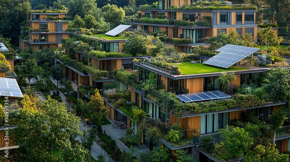 Obraz premium 18.A picturesque eco-apartment complex in Europe, surrounded by trees and landscaped gardens. The building features green roofs, energy-efficient windows, and solar panels, representing a commitment