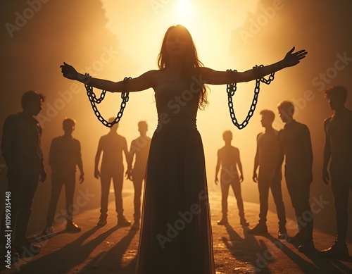 Woman shattering chains around her wrists, standing tall in a radiant light. Silhouette illustration.  photo