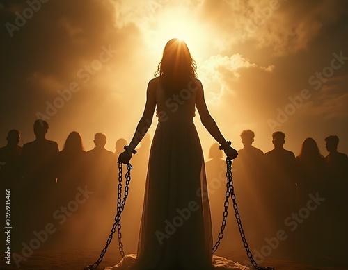 Woman shattering chains around her wrists, standing tall in a radiant light. Silhouette illustration.  photo