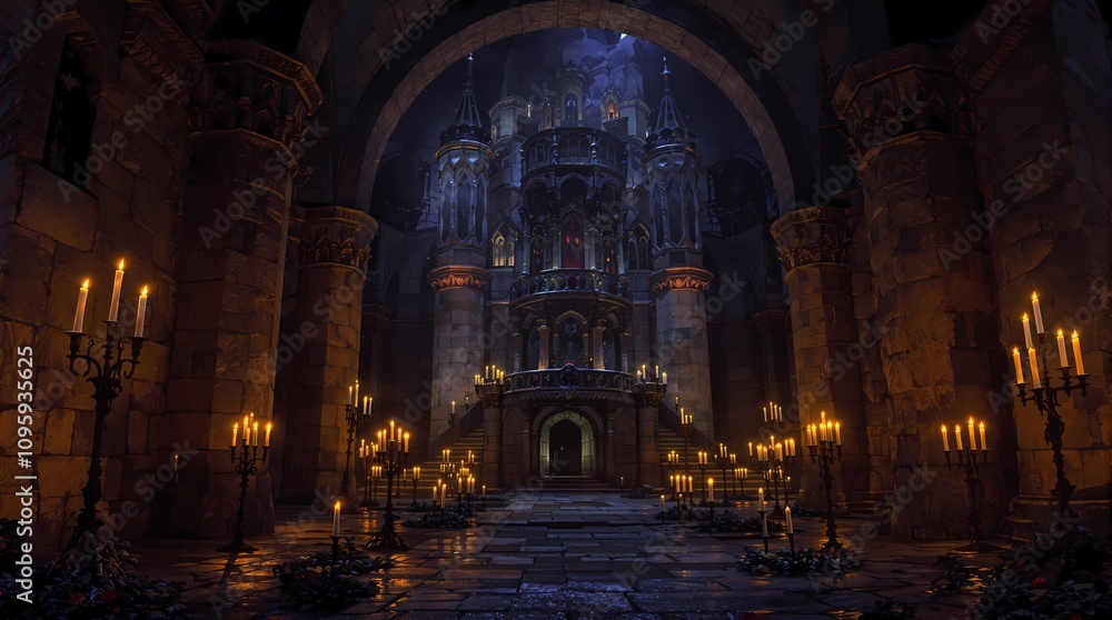 Fototapeta premium Castle dungeon, gothic setting with candles, dark and creepy background
