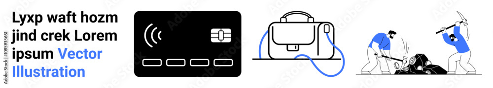 Contactless credit card, industrial kettle with piping, workers using pickaxes on the ground. Ideal for finance, tech, manufacturing, mining, business, engineering, industrial design. Landing page Contactless credit card, industrial kettle with piping, workers using pickaxes on the ground. Ideal for finance, tech, manufacturing, mining, business, engineering, industrial design. Landing page