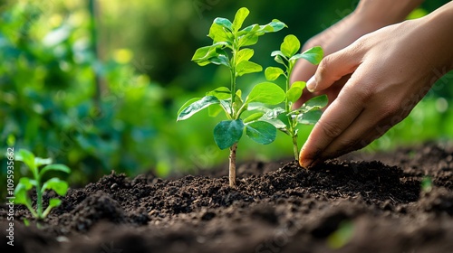 118.A sapling being lowered into the ground by hands, with the soil carefully packed around its roots. The vibrant green backdrop of the garden emphasizes the importance of nurturing and sustaining