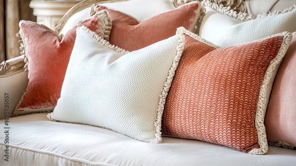 Decorative pillows in coral and cream on a white sofa. Decorative pillows in coral and cream on a white sofa.