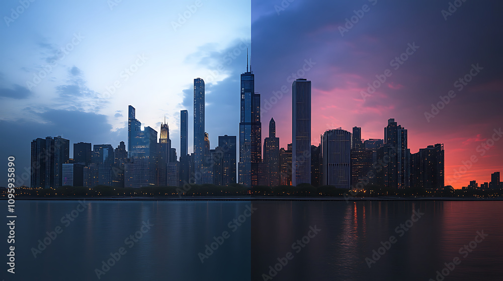 An urban skyline transforming from day to night, capturing change over time 1 An urban skyline transforming from day to night, capturing change over time 1