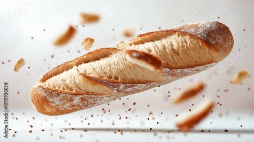 Freshly Baked Bread in Mid-Air with Crumbs Flying Around