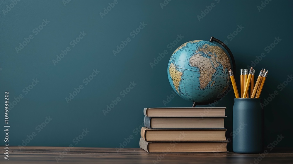 Classic Globe on Books with Pencils in a Modern Workspace Setup Classic Globe on Books with Pencils in a Modern Workspace Setup
