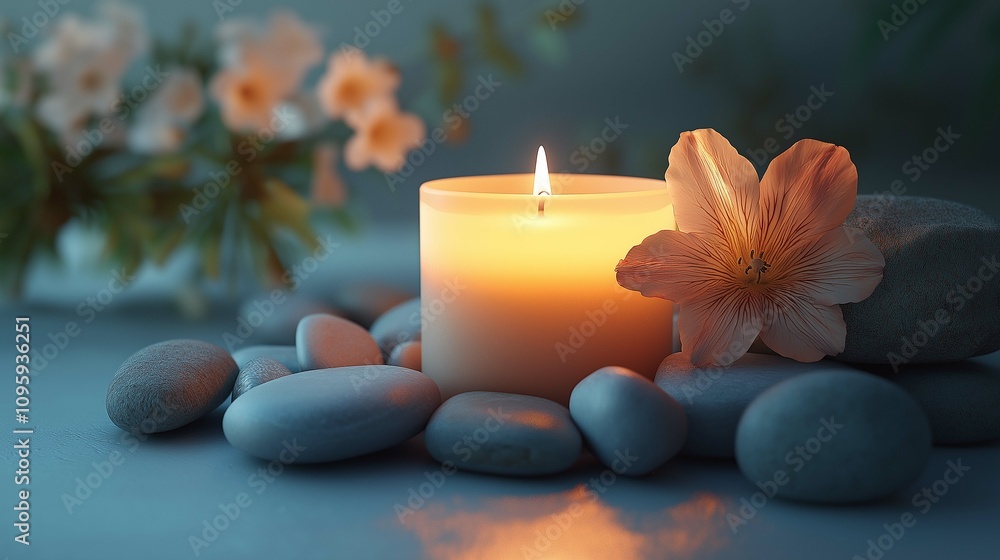 Tranquil Candle Lighting with Stones and Floral Accents Tranquil Candle Lighting with Stones and Floral Accents