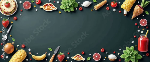 Panel kuchenny z motywem A menu with a cartoonish style and lots of food items. The menu is on a blackboard