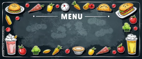 Panel kuchenny z motywem A menu with a cartoonish style and lots of food items. The menu is on a blackboard