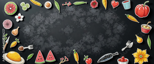 Panel kuchenny z motywem A menu with a cartoonish style and lots of food items. The menu is on a blackboard