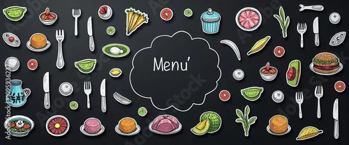 Panel kuchenny z motywem A menu with a cartoonish style and lots of food items. The menu is on a blackboard