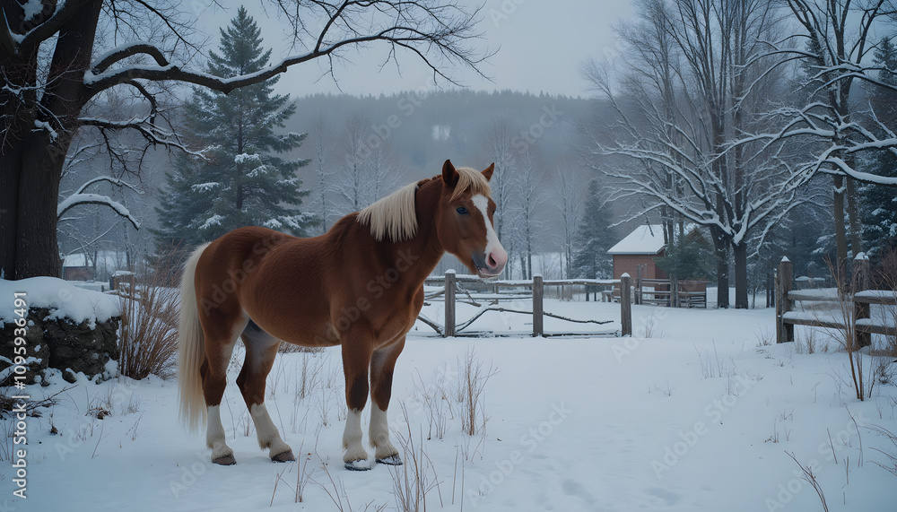 New Year's Eve background with horse on snow New Year's Eve background with horse on snow