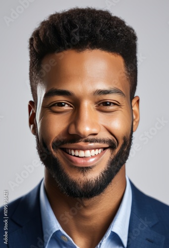 smiling man, professional attire, close-up portrait, well-groomed beard, clean-cut hairstyle, neutral background, studio lighting 