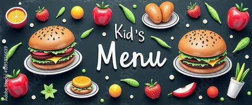 Panel kuchenny z motywem A menu with a cartoonish style and lots of food items. The menu is on a blackboard