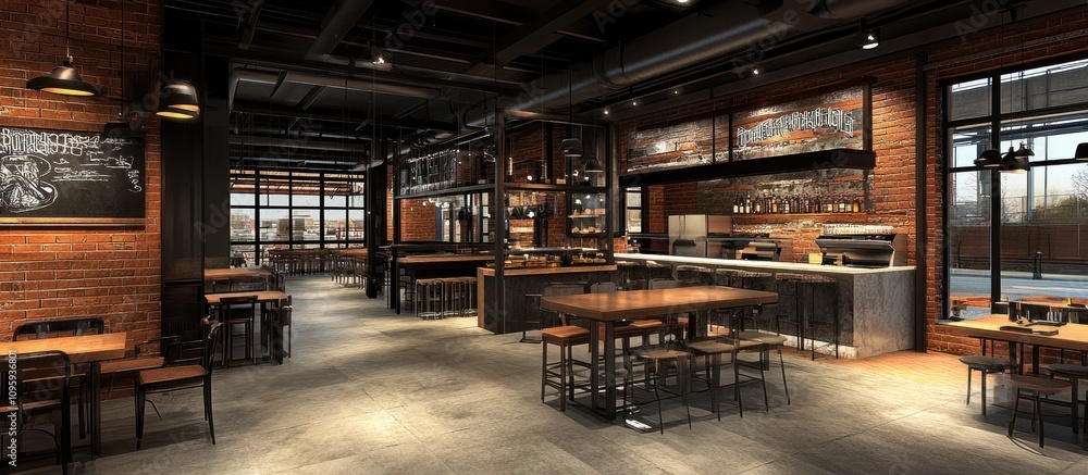 Industrial-chic restaurant interior with exposed brick walls, black metal accents, and a bar with stools. Industrial-chic restaurant interior with exposed brick walls, black metal accents, and a bar with stools.
