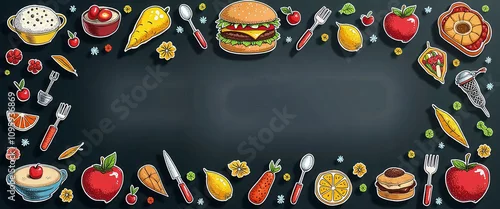 Panel kuchenny z motywem A menu with a cartoonish style and lots of food items. The menu is on a blackboard
