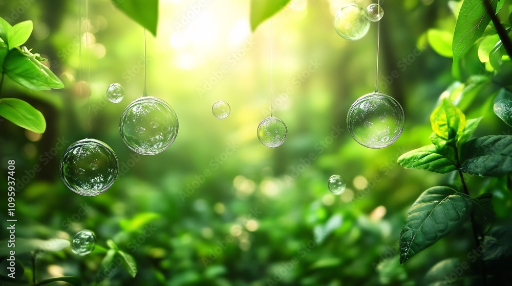 66.A vibrant scene of dense forest vegetation with oxygen bubbles rising from the leaves into a clear atmosphere. The image illustrates the essential role of plants in releasing oxygen and purifying 66.A vibrant scene of dense forest vegetation with oxygen bubbles rising from the leaves into a clear atmosphere. The image illustrates the essential role of plants in releasing oxygen and purifying