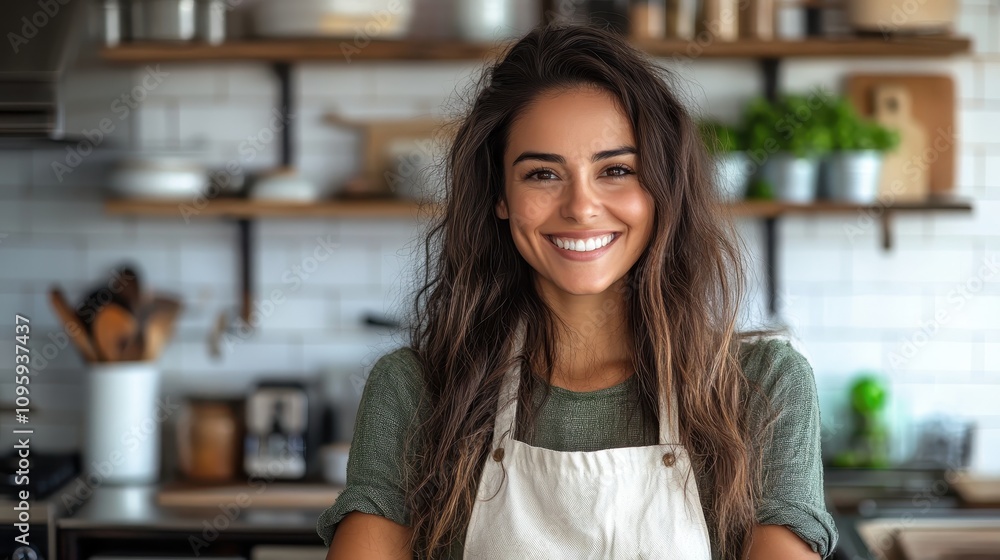 Smiling woman in a kitchen. Perfect for blogs, websites, or articles about cooking, food, or healthy lifestyles. Smiling woman in a kitchen. Perfect for blogs, websites, or articles about cooking, food, or healthy lifestyles.