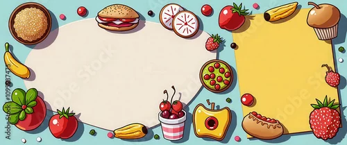 Panel kuchenny z motywem A menu with a cartoonish style and lots of food items. The menu is on a blackboard