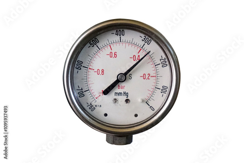 The pressure gauge in bar and millimeters of mercury isolated on white background. It measures -260 mmHg or -3.5 bar.