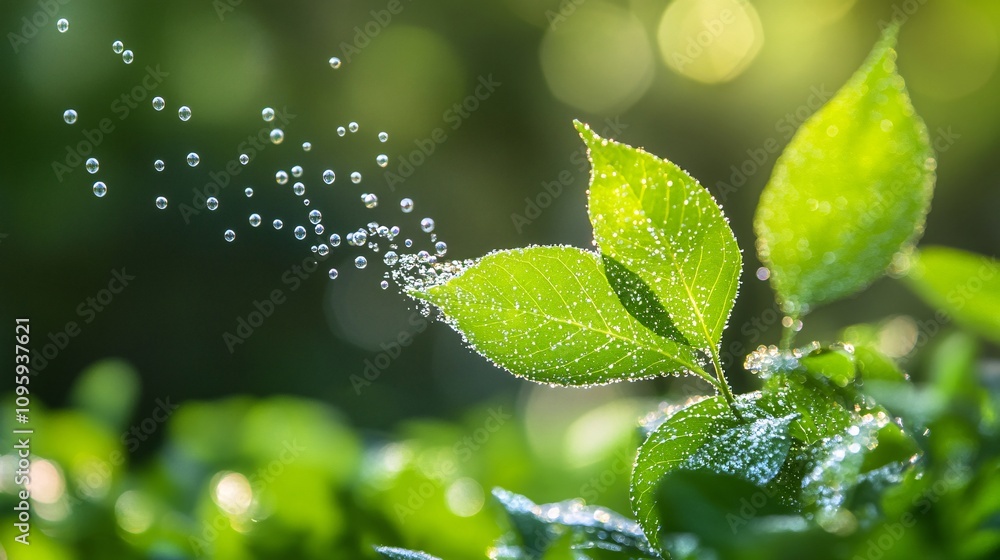 63.A close-up view of a plant leaf releasing tiny oxygen bubbles into the air, surrounded by a dense green forest. The image symbolizes the plant's role in purifying the air, representing good health 63.A close-up view of a plant leaf releasing tiny oxygen bubbles into the air, surrounded by a dense green forest. The image symbolizes the plant's role in purifying the air, representing good health