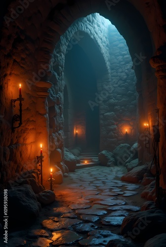 In the castle's dungeon, the gothic setting with candles creates a dark and eerie backdrop filled with secrets and mysteries