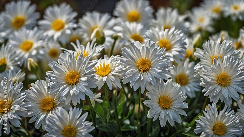 Fototapeta premium A vibrant display of white daisies with yellow centers in a lush garden setting.