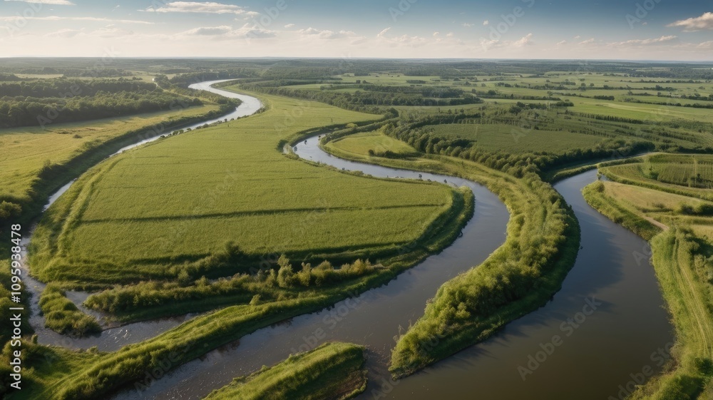 Aerial view of the green landscape with a river Aerial view of the green landscape with a river