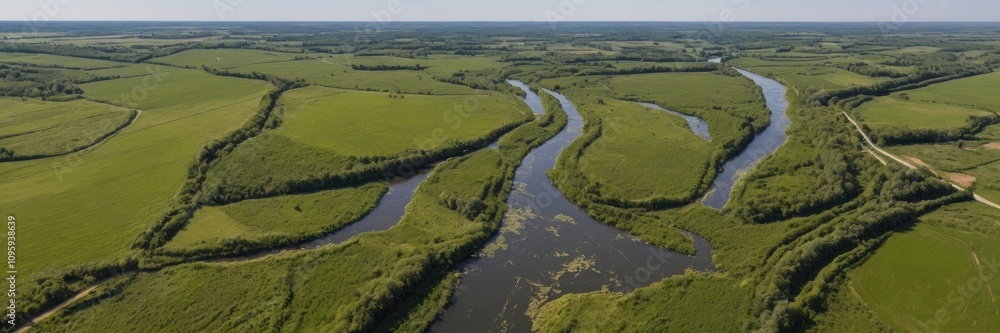 Aerial view of the green landscape with a river Aerial view of the green landscape with a river