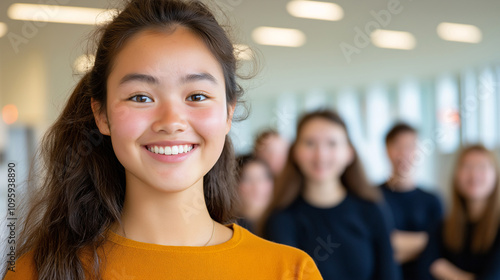 Smiling Teen Girl Portrait Happy Student Youth Education Group Background Blur Young Adult Student Intern First Job Ambitious Career