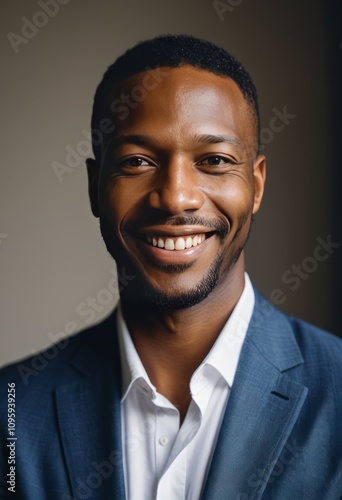 portrait of a man, smiling, wearing a blue suit, white shirt, studio lighting, professional setting, blurred background, warm tones, head and shoulders shot, confident expression 