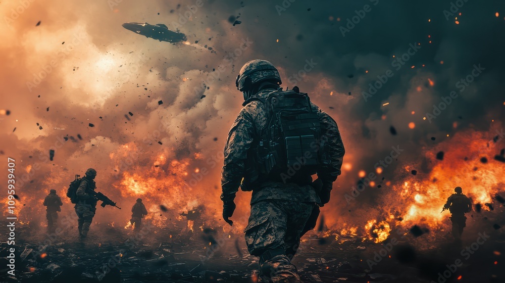 Apocalyptic cityscape engulfed in flames, soldiers advancing, spaceships hovering amidst dark smoke and debris. Sci-fi wallpaper of an alien attack. Apocalyptic cityscape engulfed in flames, soldiers advancing, spaceships hovering amidst dark smoke and debris. Sci-fi wallpaper of an alien attack.