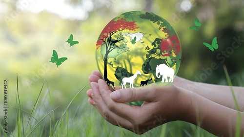 Fototapeta Naklejka Na Ścianę i Meble -  nature concept wildlife conservation tiger deer global warming food ecology cubes human hands protect wildlife