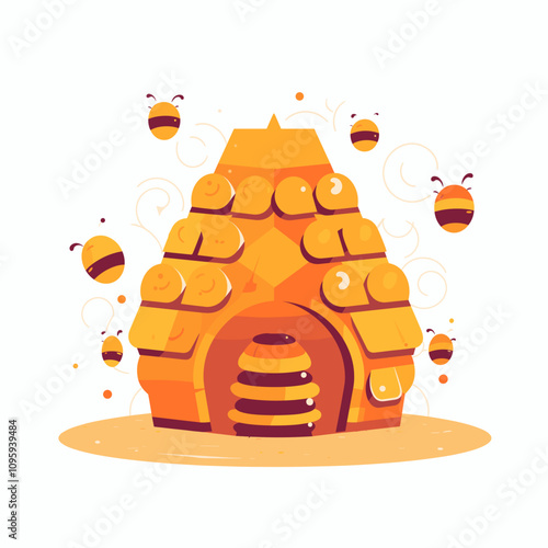 Colorful vector design of a beehive with buzzing bees in a cheerful illustration