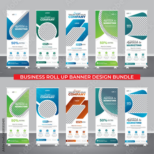 5 set package, ads banner, rollup ads, bundle set template design. A contemporary roll-up banner design for your company, colorful design, 2 color variation, Vector illustration editable layout