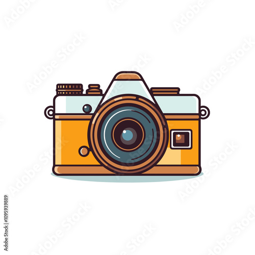 Vintage camera vector design featuring a stylized orange and white body with detailed lens and controls