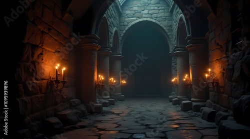 The castle's dungeons are shrouded in darkness and mystery, candles flicker in the semi-darkness, creating a gothic atmosphere